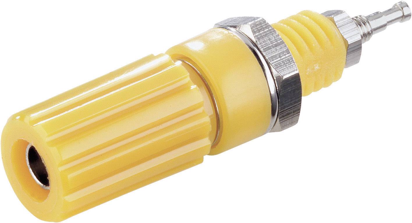 Gelber Bananenstecker mit geriffeltem Kunststoffgehäuse und Metallanschluss; dient zum sicheren elektrischen Anschluss.