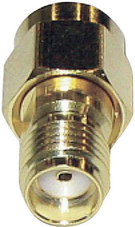 Ein einzelner goldener Koaxialstecker in Nahaufnahme, mit hervorstehendem Mittelstift und Schraubgewinde, auf weißem Hintergrund.