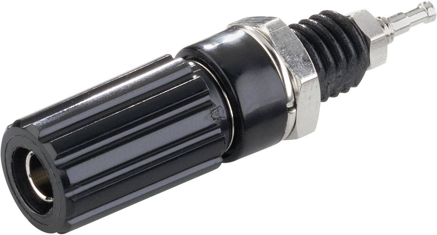 Schwarzer Bananenstecker mit Metallgewinde und Federmechanismus, verwendet zur sicheren Verbindung in elektrischen Schaltungen.