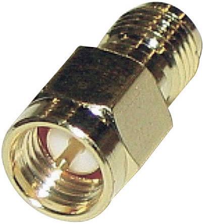 Ein goldfarbener Koaxialadapter mit Gewinde, geeignet zum Verbinden von Koaxialkabeln, abgebildet auf weißem Hintergrund.