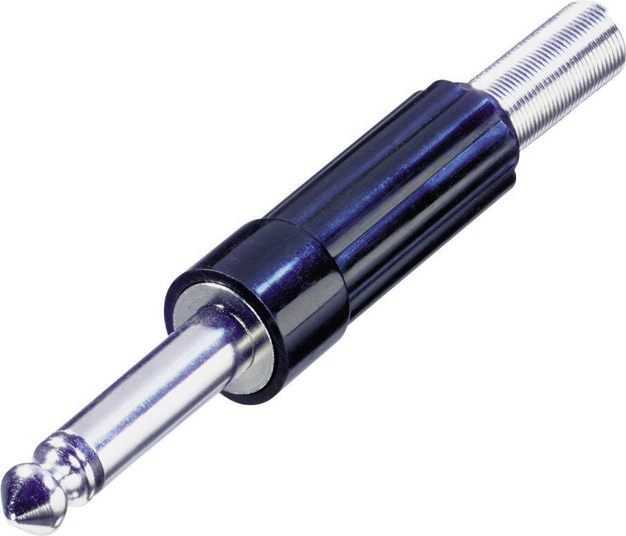 Ein 6,35-mm-Klinkenstecker mit einem schwarzen Kunststoffgehäuse, häufig verwendet für Musikinstrumente und Audiogeräte.