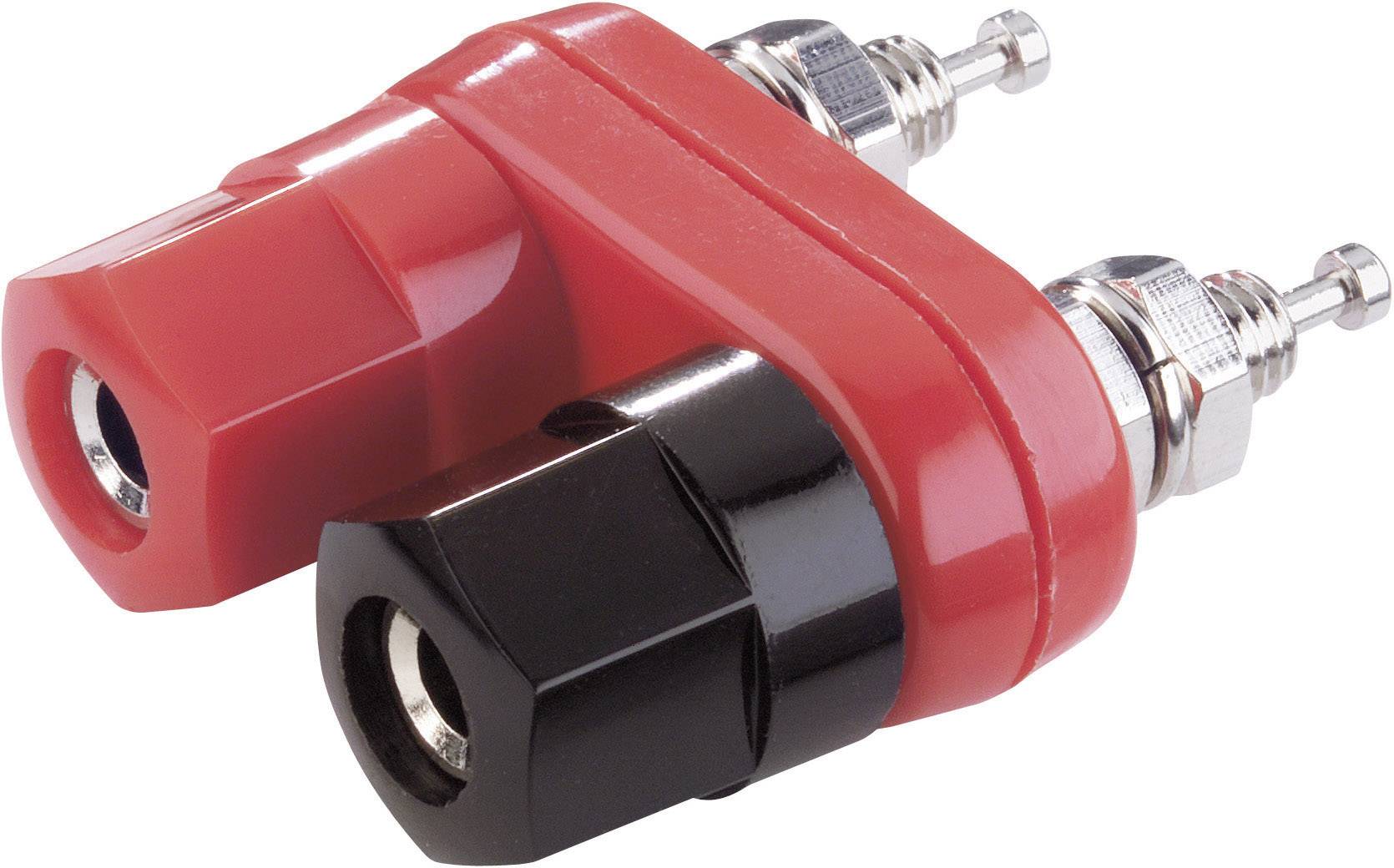 Roter und schwarzer Bananenstecker-Adapter mit Metallanschlüssen, in L-Form. Verwendet für elektrische Verbindungen.