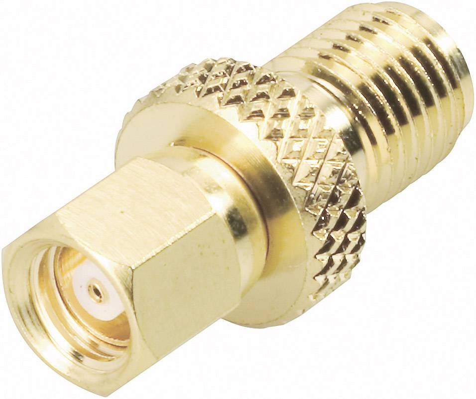 Ein goldfarbener Koaxialadapter mit gerändeltem Ring, passend für Verbindungen zwischen verschiedenen Kabeltypen in elektronischen Geräten.