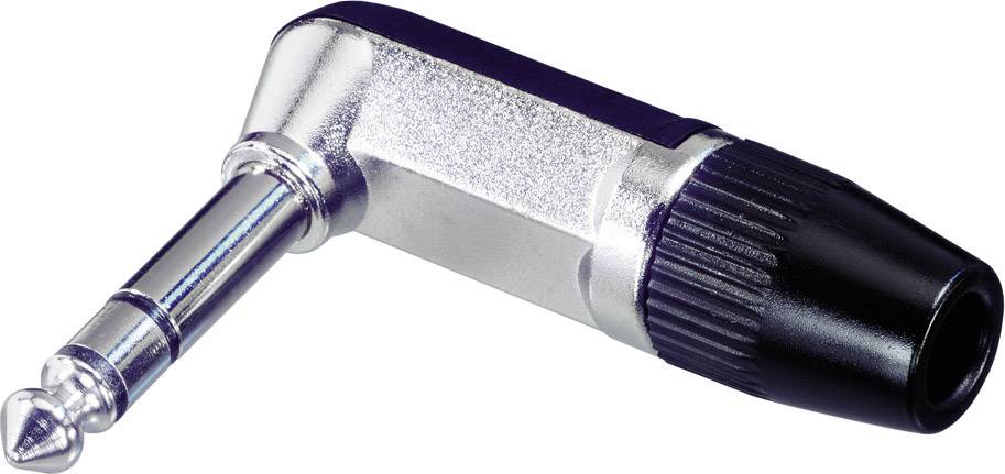 Ein abgewinkelter 6,35 mm Audioadapter mit Metallstecker und schwarzem Kunststoffgriff. Ideal für Kabel mit platzsparender Anordnung.