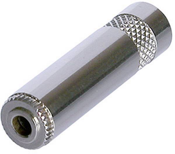 Ein silberner Metalladapter oder -stecker, zylindrisch mit gerändelten Bereichen zur besseren Griffigkeit.