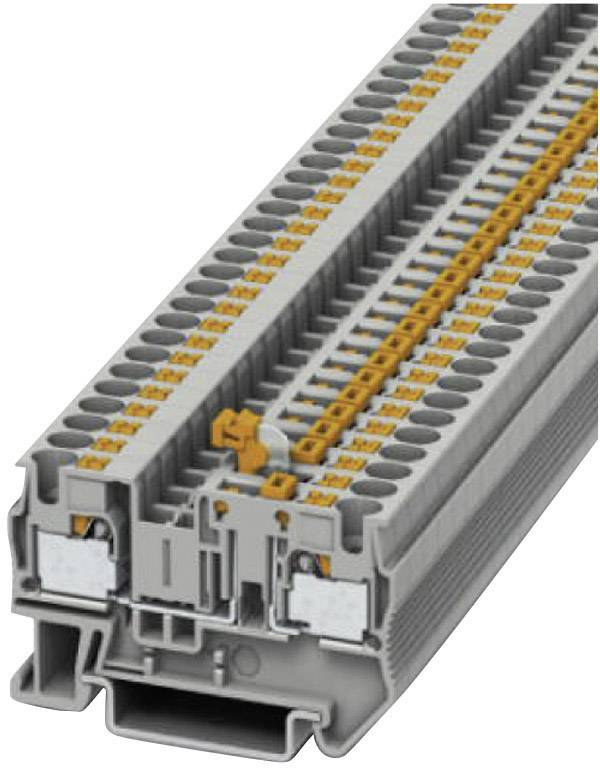 Reihenklemme mit mehreren Anschlussstellen und grauem Gehäuse für die elektrische Verdrahtung in Schaltschränken.