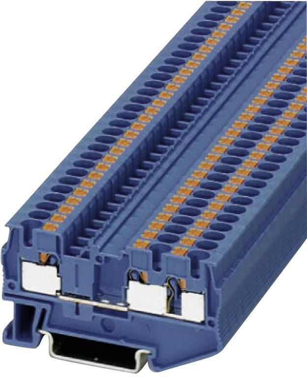 Elektrische Reihenklemme in Blau, mit zahlreichen Anschlussklemmen und orangefarbenen Details, zur Verwendung in Schalttafeln.