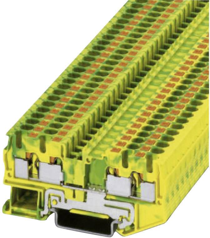 Gelb-grün gestreifter elektrischer Reihenklemmenblock, zeigt mehrschichtige Anschlüsse zur Verdrahtung, verwendet in Schaltschränken.