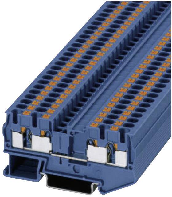 Ein blauer Reihenklemmenblock mit mehreren Anschlussstellen für industrielle elektrische Verkabelung.