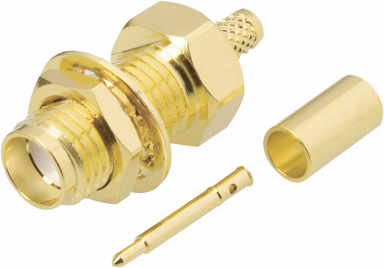 Einzelteile eines goldfarbenen elektrischen Steckverbinders, bestehend aus Hülse, Stecker und Mutter, liegen nebeneinander.