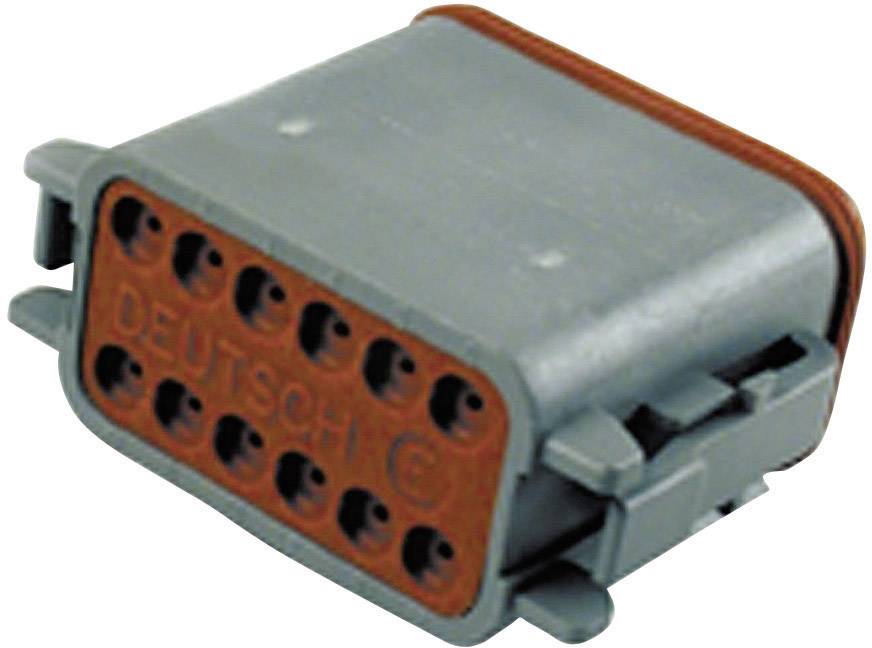 Ein graues und orangenes 12-poliges elektrisches Steckergehäuse mit der Prägung 'DEUTSCH'.