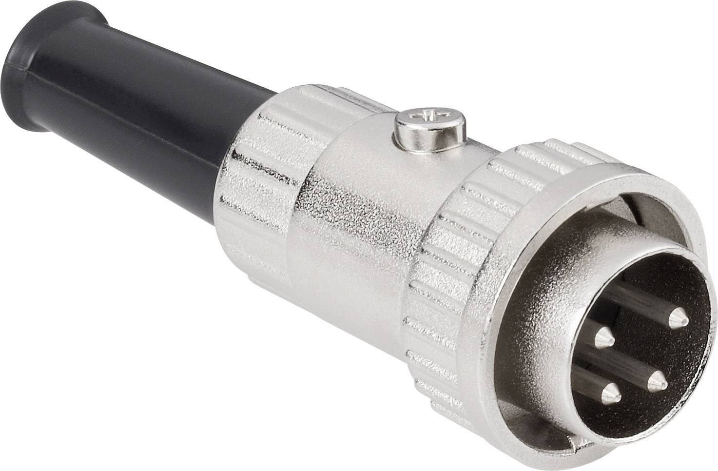 Ein silberner, zylindrischer elektrischer Stecker mit schwarzen Griff, drei Metallstifte zum Anschließen an ein passendes Gerät.