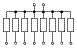 Diagramm eines elektrischen Schaltkreises mit sieben rechteckigen Bauteilen, die parallel verbunden sind. Oben und unten verlaufen durchgehende Leitungen.