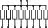 Eine komplexe, schematische Darstellung von elektrischen Schaltkreisen mit mehreren verbundenen Komponenten und Verzweigungen.
