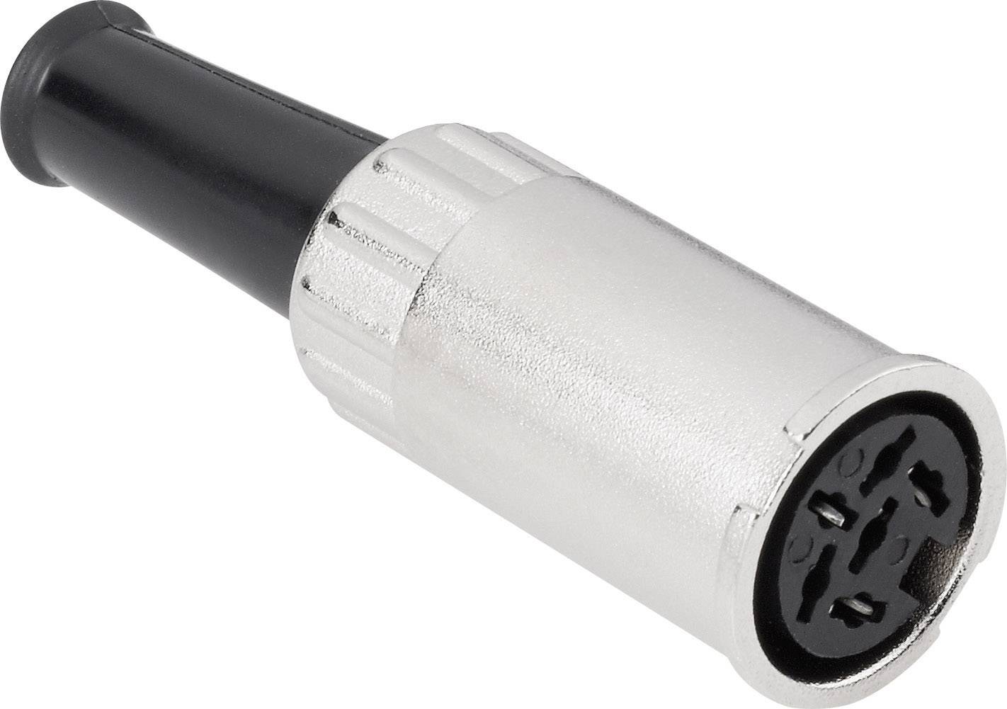 Ein silberner elektrischer Stecker mit schwarzem Griff, bestehend aus mehreren Stiften in einem runden Gehäuse.