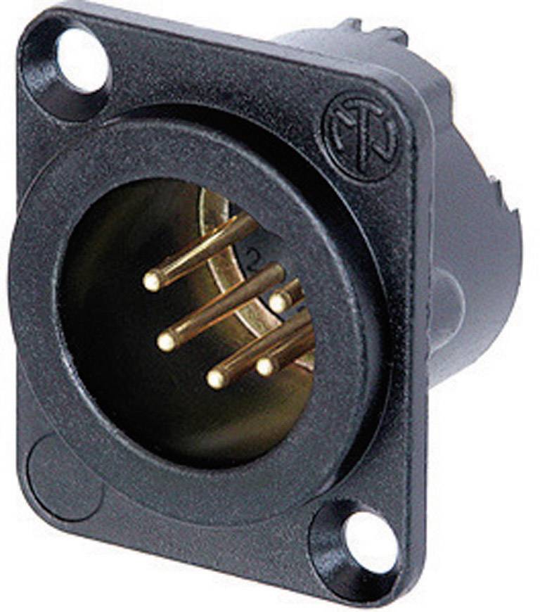 Metall XLR-Stecker mit drei goldenen Stiften, montierbar in Gerätegehäuse. Verwendet für Audio- und Mikrofonanschlüsse.