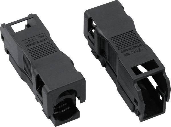 Zwei schwarze Plastikgehäuse für LAN-Kabel, jeweils in voller Ansicht und von der Seite gezeigt, mit Aussparungen für Anschlüsse.