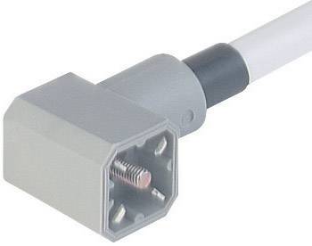 Das Bild zeigt einen grauen rechteckigen Stecker mit mehreren Metallpins, der an einem Kabel befestigt ist.