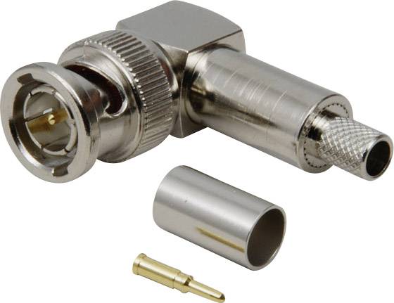 BNC-Stecker in Einzelteilen: Winkeladapter, Metallhülse und goldener Kontakt. Nutzung in Video- und Netzwerktechnik.
