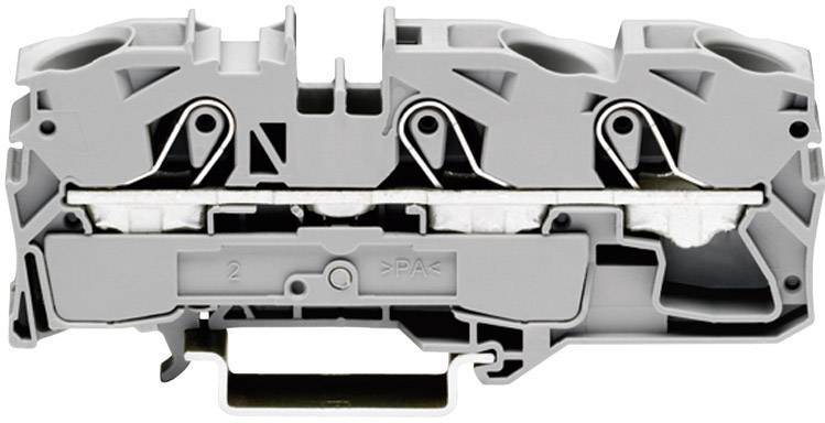 Graue elektrische Klemmleiste mit zwei Anschlusspunkten und Metallverbindungen, seitlich montiert.