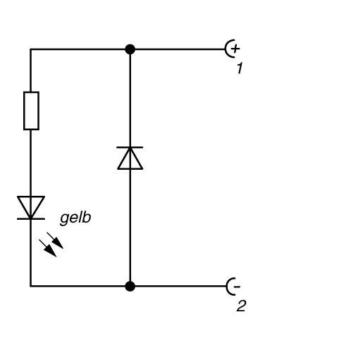 Schaltskizze einer LED-Schaltung mit einer gelben Diode, einem Widerstand und einem Gleichrichter, verbunden mit den Anschlüssen 1 und 2.