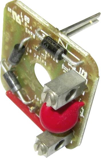 Eine elektronische Schaltung mit Widerständen und einem roten, runden Bauteil auf einer kleinen, rechteckigen Platine.