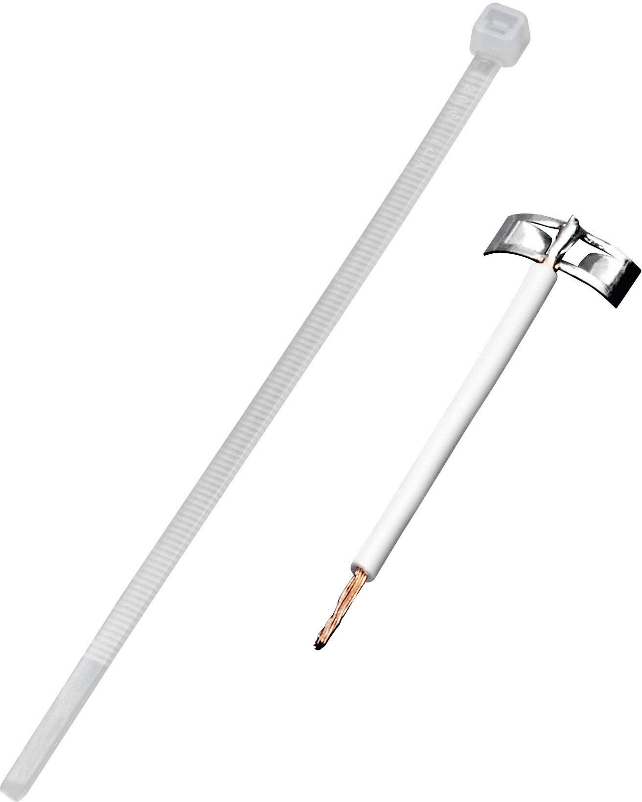 Ein weißer Kabelbinder neben einem Koaxialkabel mit abisoliertem Kupferdraht, geeignet für Elektromontage oder Installationen.