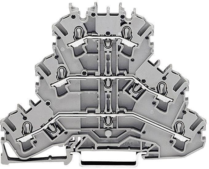 Grauer, dreistöckiger Reihenklemmenblock mit Metallverbindungen, geeignet für elektrische Anwendungen und Verdrahtungssysteme.