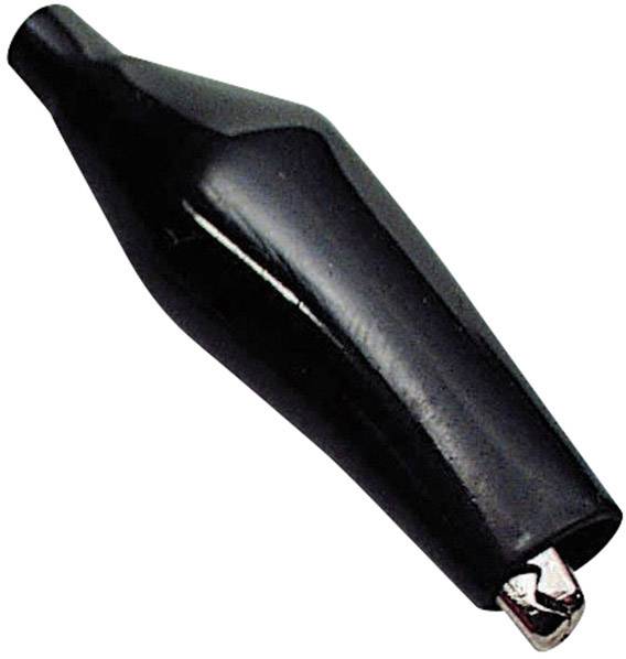 Schwarze Krokodilklemme mit metallischem Clip, häufig in Elektronik für temporäre Verbindungen verwendet.