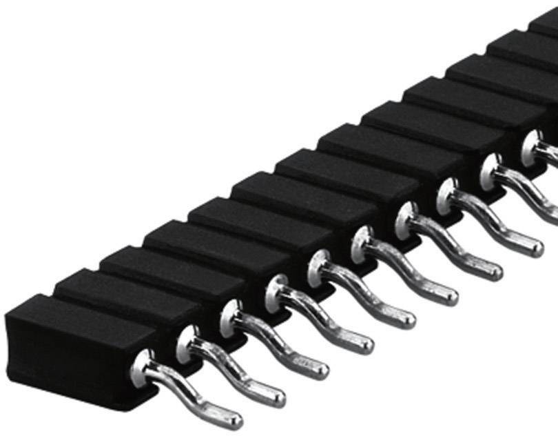 Schwarzer Stiftleistenstecker mit abgewinkelten Metallstiften, genutzt für elektrische Verbindungen in elektronischen Geräten.