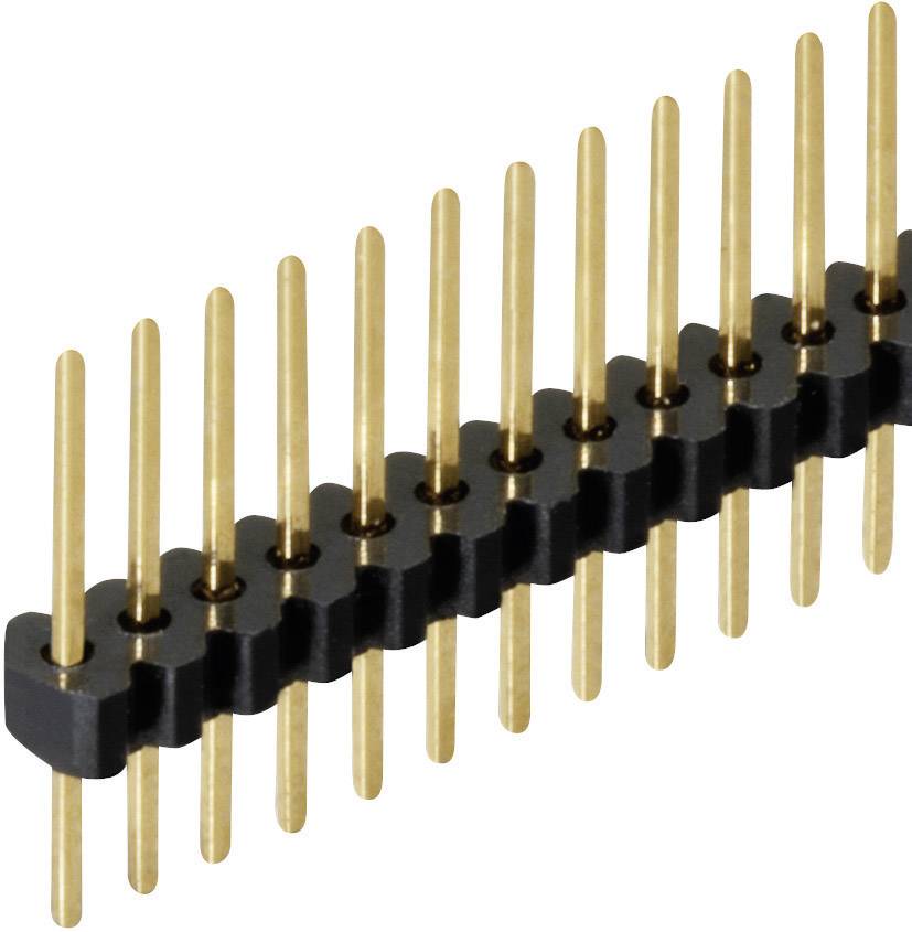 Goldfarbene Stiftleiste mit mehreren Pins in einer einzelnen Reihe, verwendet für elektrische Verbindungen auf Leiterplatten.