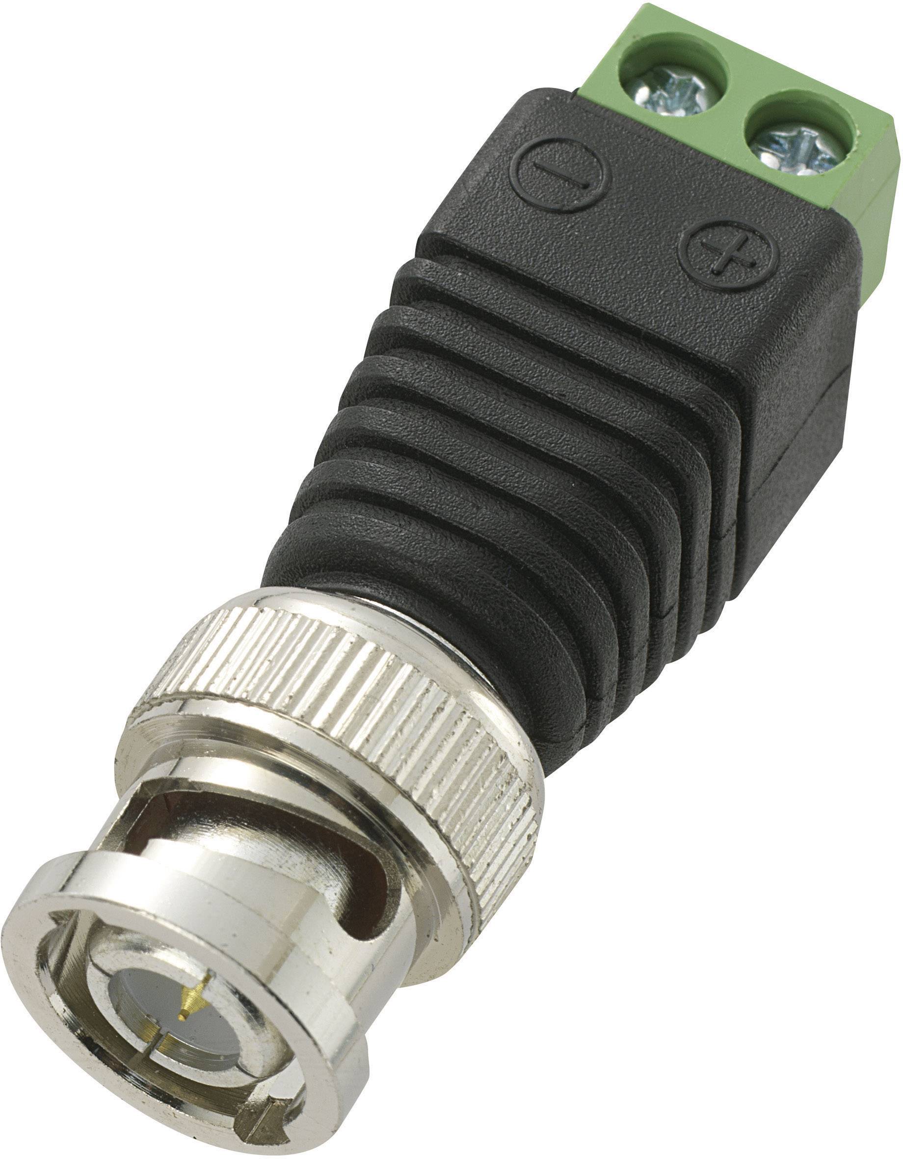 Ein schwarzer BNC-Steckeradapter mit einer grünen Schraubklemme, die für die Verbindung von Koaxialkabeln mit anderen Kabeltypen verwendet wird.