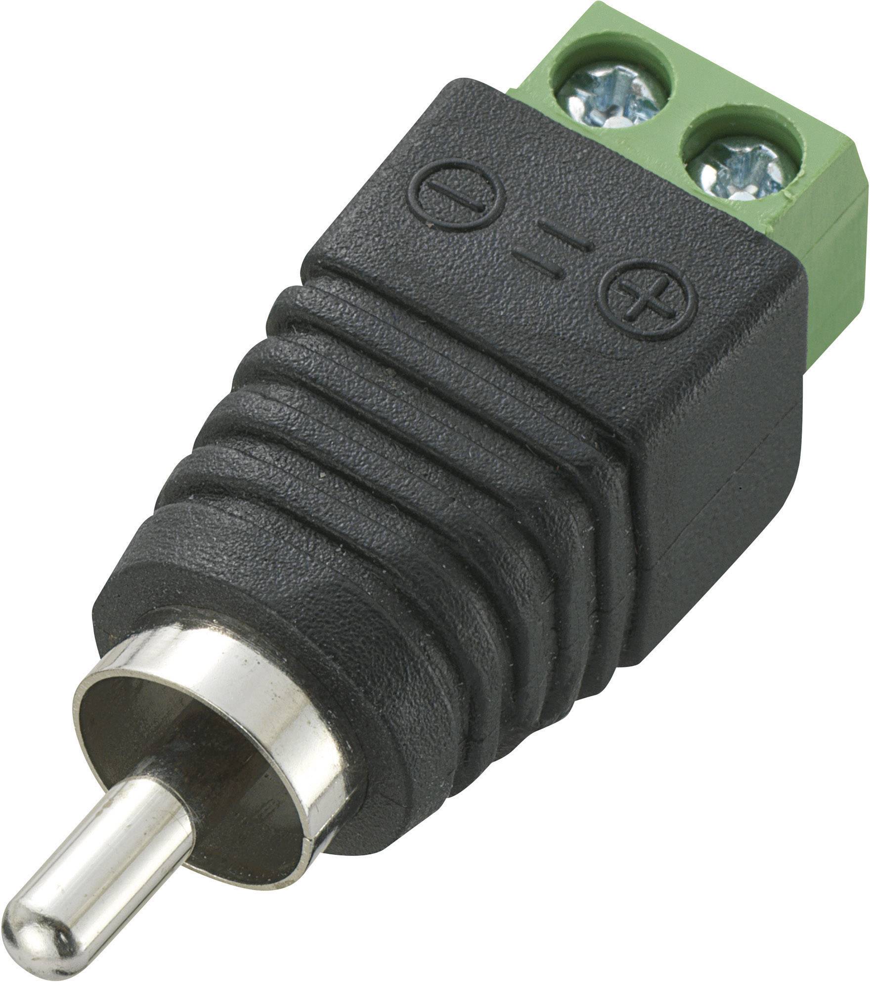RCA-Stecker-Adapter mit Schraubklemmen, schwarzes Gehäuse, Metallspitze, zwei grüne Schraubklemmen mit Plus- und Minus-Symbolen.