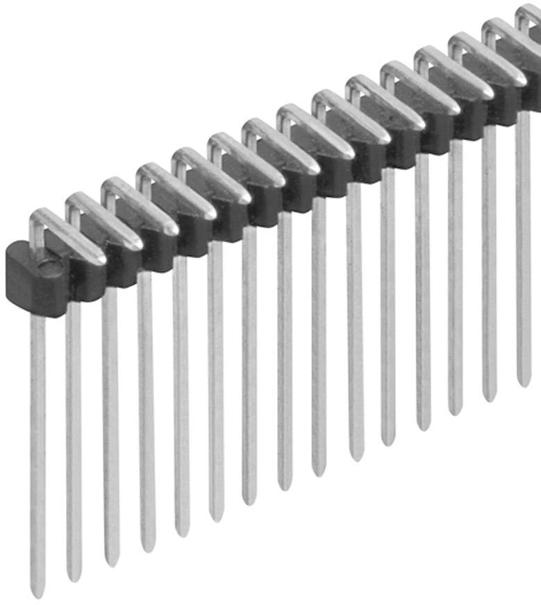 Männlicher Steckverbinder mit mehreren Metallstiften, die in einer Reihe angeordnet sind. Verwendet für elektronische Verbindungen.