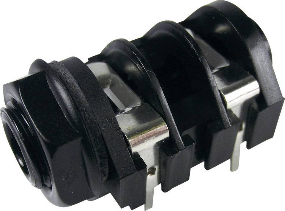 Ein schwarzer, zylindrischer elektrischer Steckverbinder mit mehreren Pins. Hauptsächlich in elektronischen Geräten verwendet.