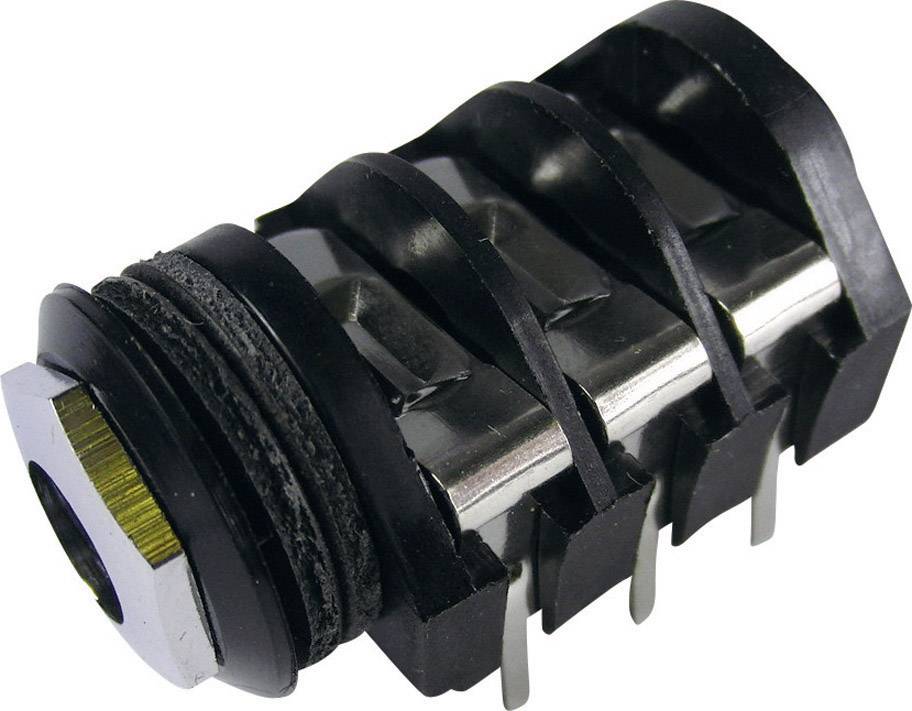 Schwarzer und silberner, zylindrischer Steckeradapter mit mehreren Metallpins, geeignet für den Einbau in elektronische Geräte.