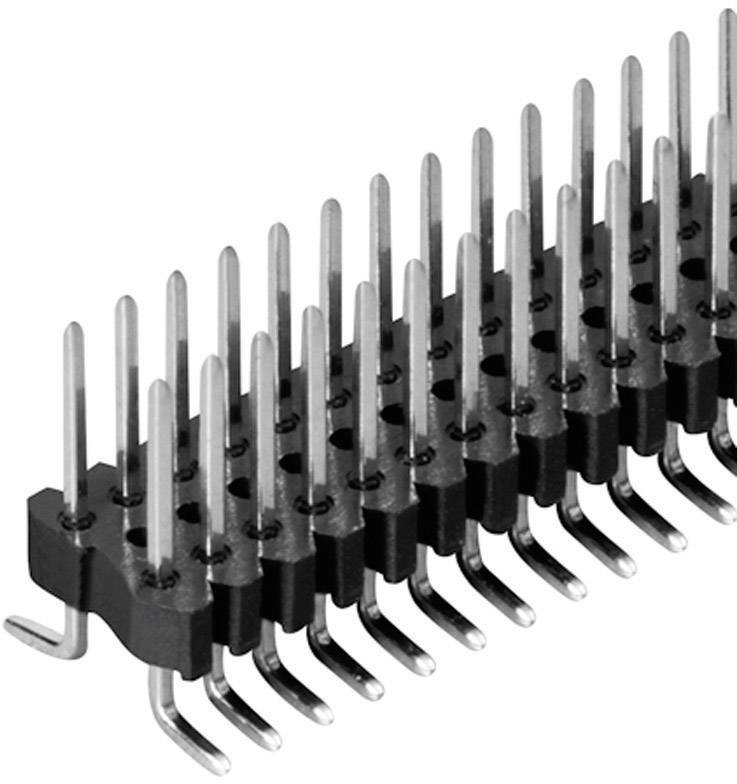 Eine zweireihige Stiftleiste mit Metallpins, die L-förmig gebogen sind, um sie auf einer Leiterplatte zu montieren.
