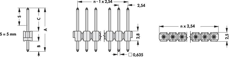 Technische Zeichnung von Steckverbindern, zeigt Maße und Abstände der Pins. Hauptmaße: Breite 2,54 mm, Abstand 2,54 mm.