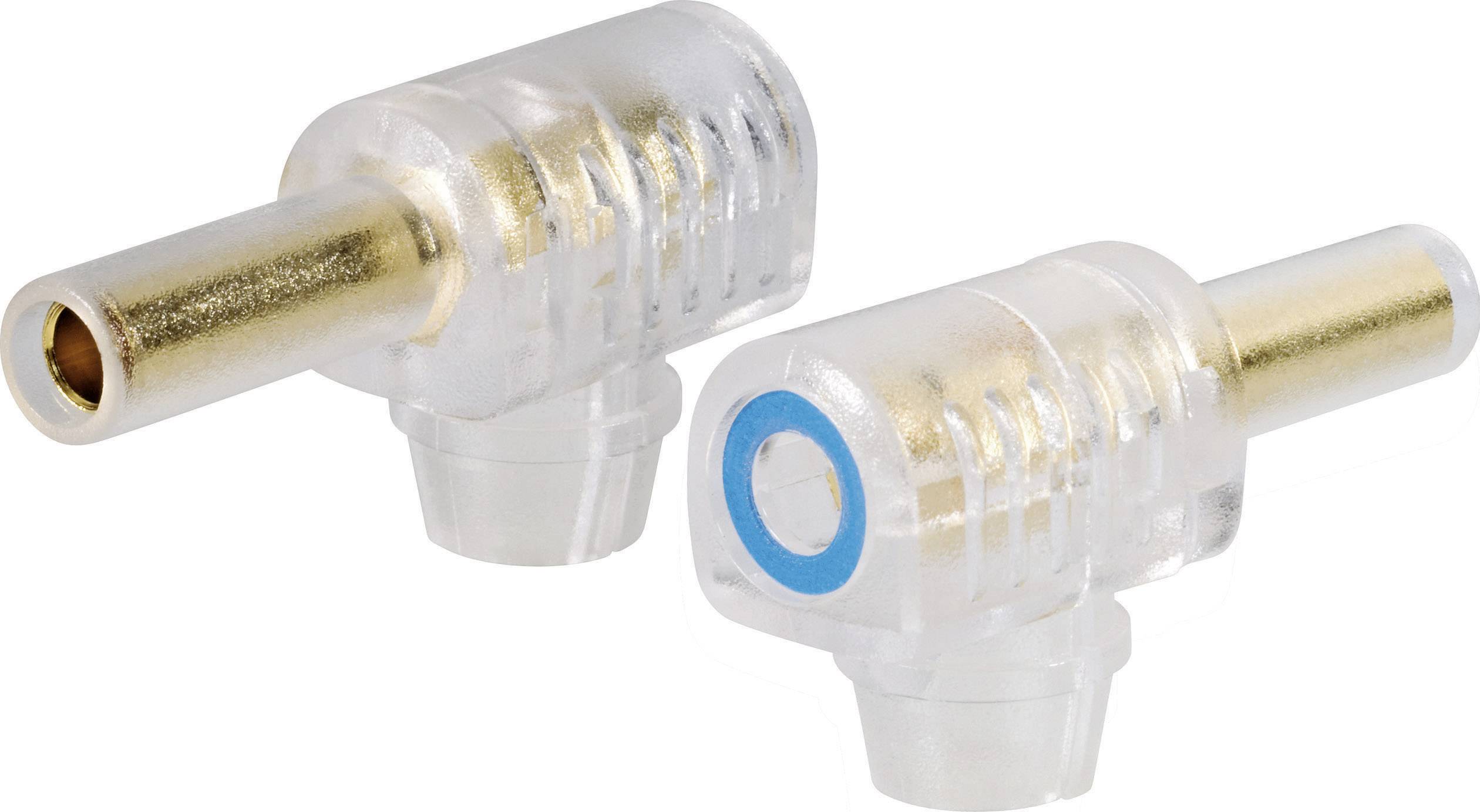 Zwei transparente Winkelstecker mit goldenen Kontaktstiften, geeignet für Audio- oder Videoanschlüsse. Einer zeigt die Vorderseite, der andere die Rückseite.