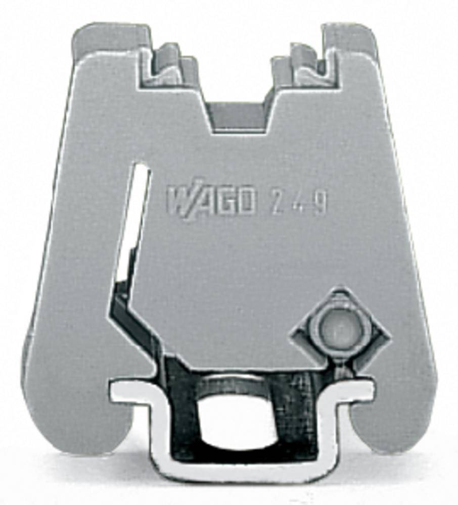 Metallische Klemme mit Aufschrift 'WAGO 24.9', zur Verbindung elektrischer Leiter.