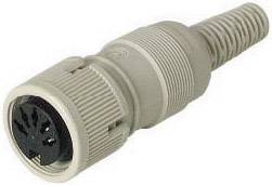 Ein grauer DIN-Stecker mit geriffelter Oberfläche und fünfpoligem Anschluss, oft verwendet für Audio- und MIDI-Geräte.