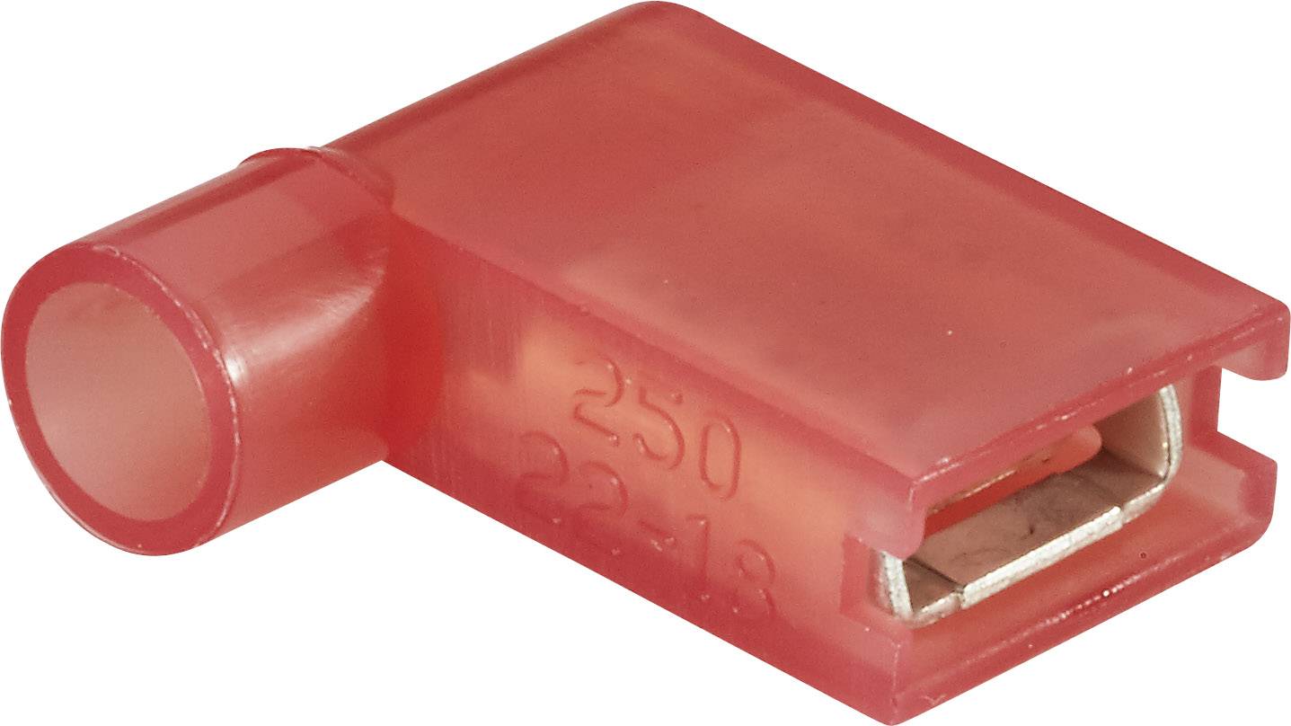 Rotes Kabelschuh-Steckverbindergehäuse aus Kunststoff, rechteckige Form mit seitlicher Öffnung für Verkabelung, Größenangabe '250 22-18'.