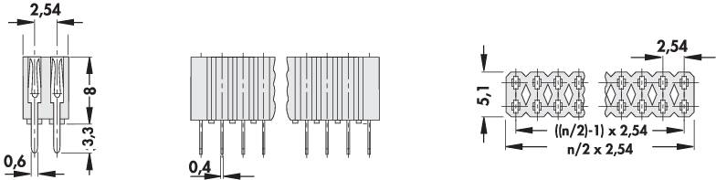 Technische Zeichnung von Steckverbindern. Links Maße 2,54 mm, Zahl 33. In der Mitte und rechts ähnliche Maße mit Pin-Darstellung.