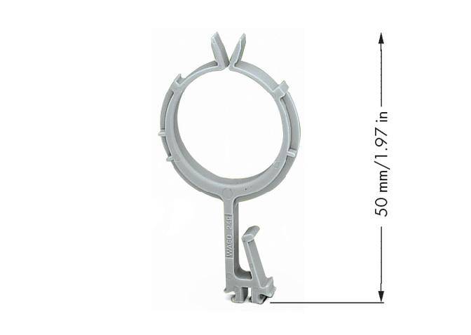 Ein grauer Kunststoffclip, rund mit einer Halterung unten. Rechts daneben ist eine Maßlinie mit der Angabe '50 mm / 1.97 in'.