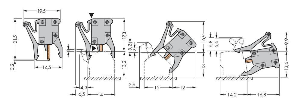 Technische Zeichnung von einem mechanischen Bauteil mit verschiedenen Blickwinkeln und genauen Maßangaben in Millimetern.