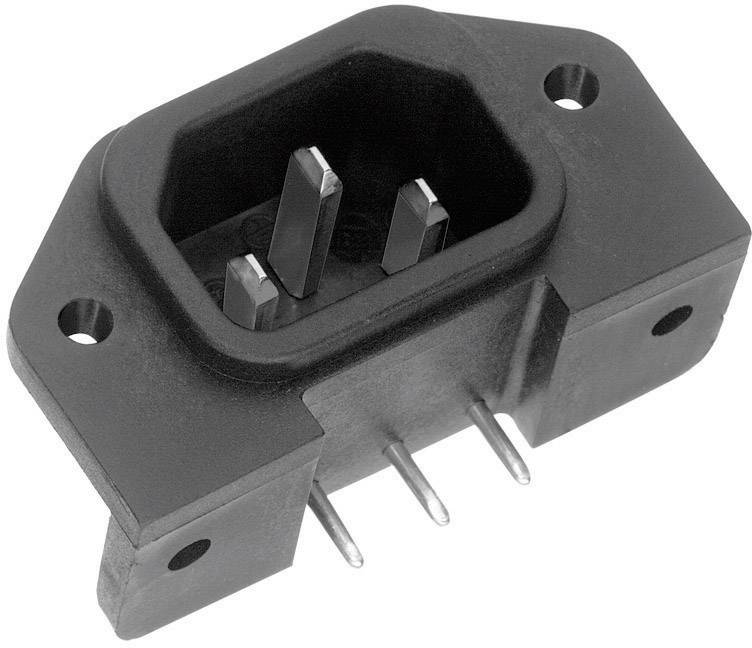 Schwarzer elektrischer Stecker mit drei Metallpins, geeignet für den Einbau in elektronische Geräte, rechteckige Form.