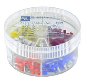 Box mit farbigen Aderendhülsen verschiedenen Größen; Hauptfarben sind Rot, Blau, Gelb und Weiß; transparent mit Deckel.