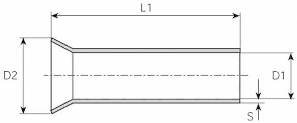 Technische Zeichnung eines zylindrischen Rohres mit vergrößertem Ende. Markierungen zeigen Maße: Länge (L1), Durchmesser (D1, D2) und Wandstärke (S).