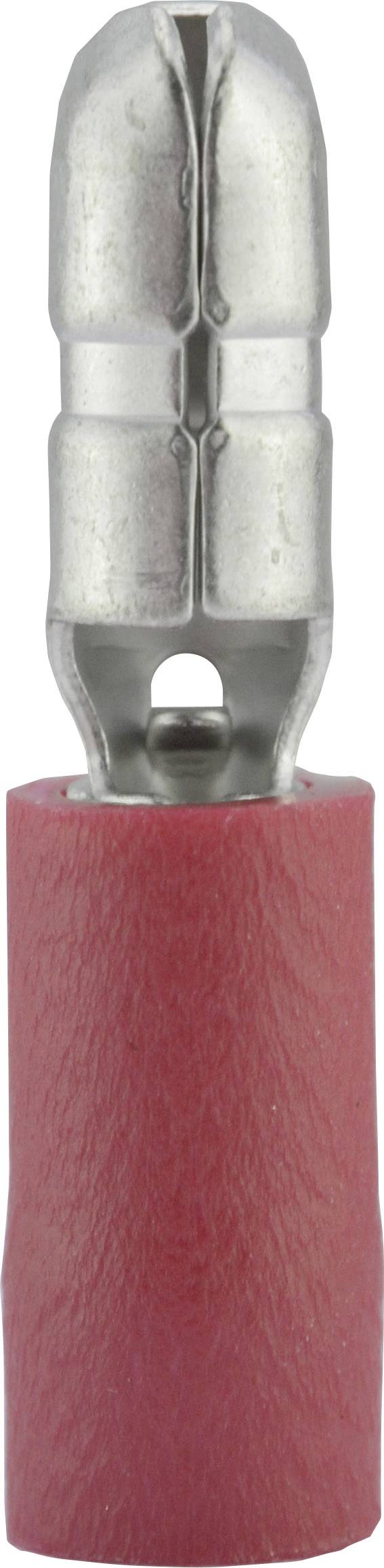 Metallic connector with a red insulating sleeve, suitable for electrical connections in automotive or electrical engineering applications.