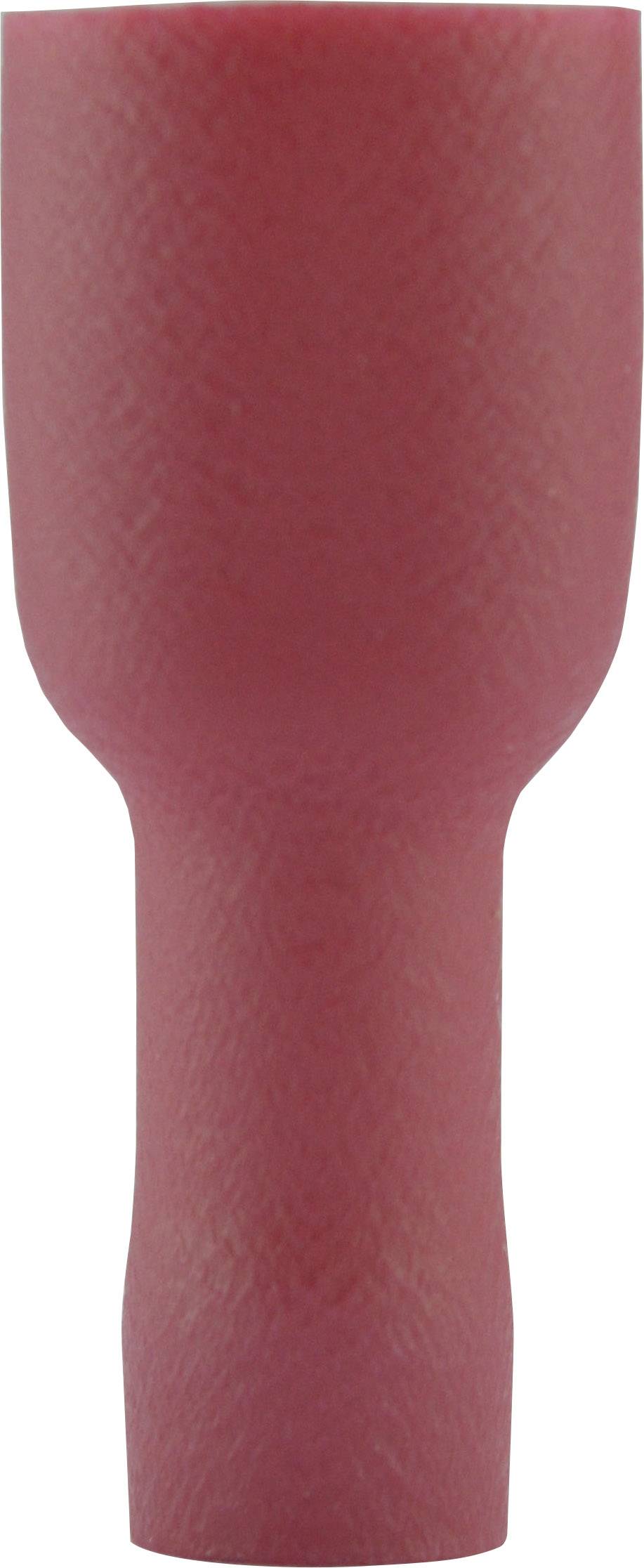 Red, insulated plastic cable lug, cylindrical in shape, used for securely connecting electrical cables.